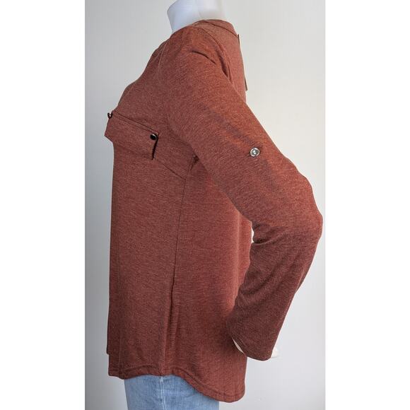 LuckyMore Tunic Top Large Rust Jersey Tab Sleeve Zip Neck Career Casual NEW - Picture 6 of 12